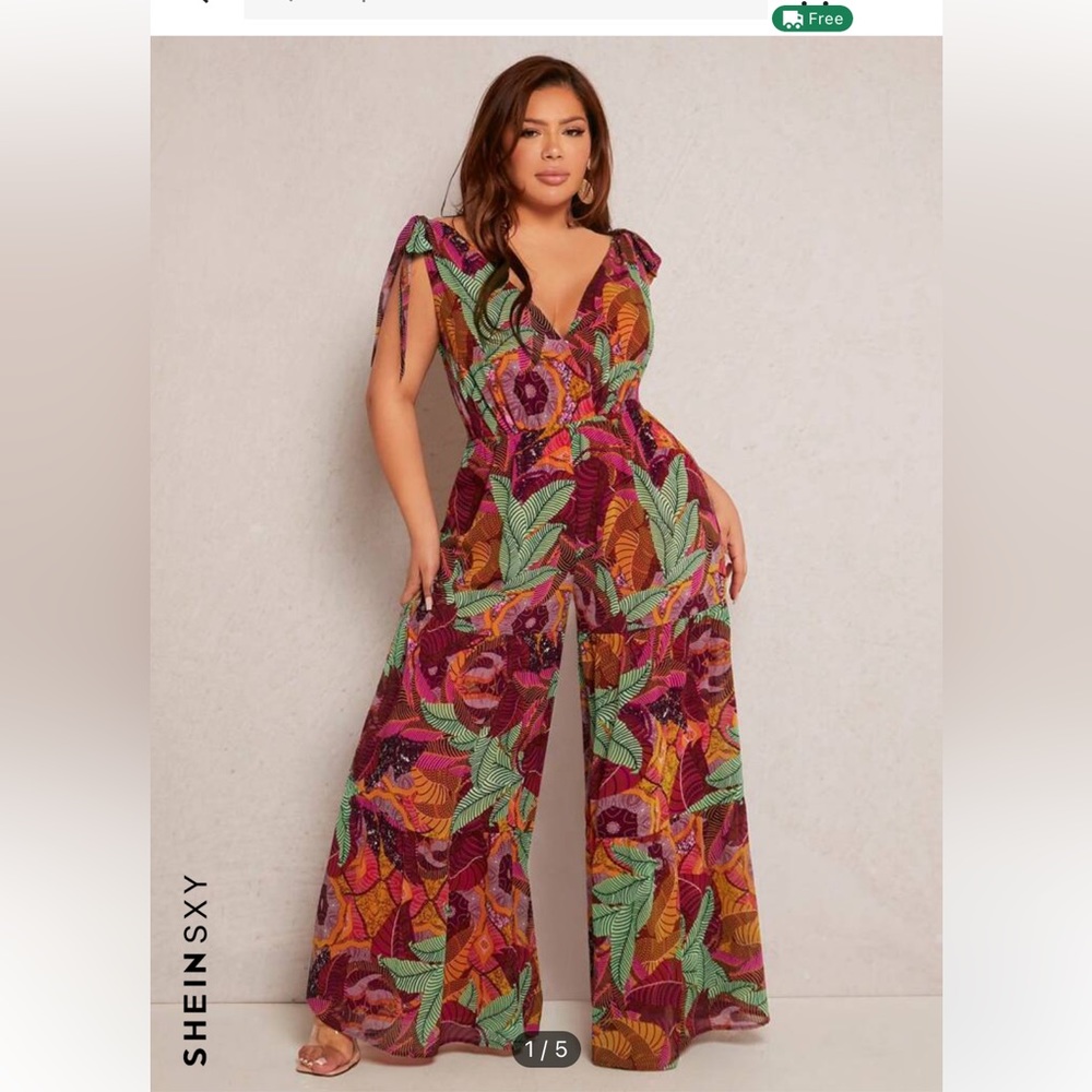 Wide Leg Tropical Print Jumpsuit